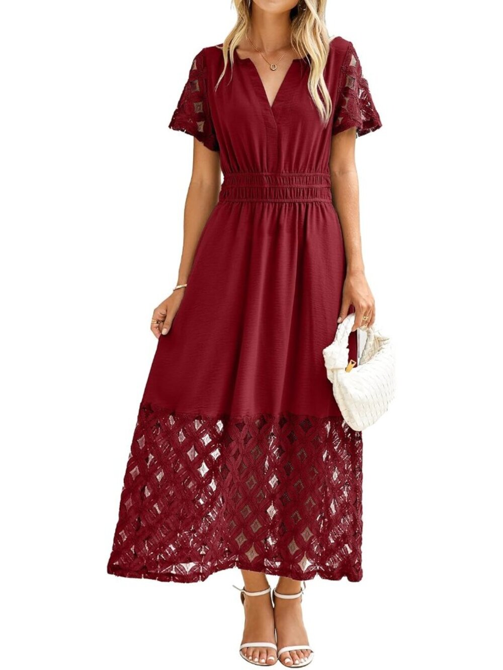 🆕 Women's Burgundy Short Sleeve V Neck Empire Waist Boho Pockets Maxi Dress - Picture 1 of 6